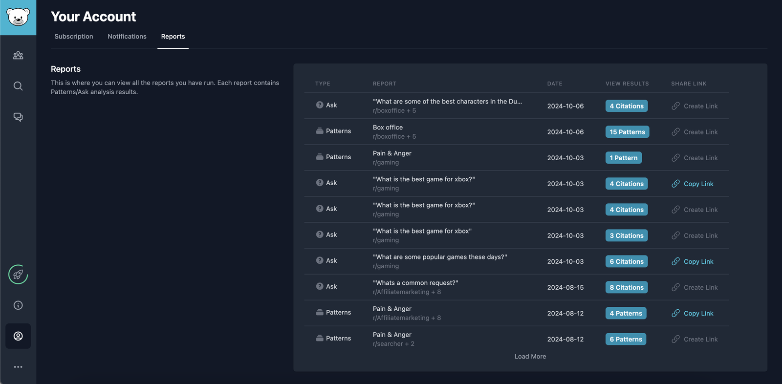 View Past Patterns/Ask Reports