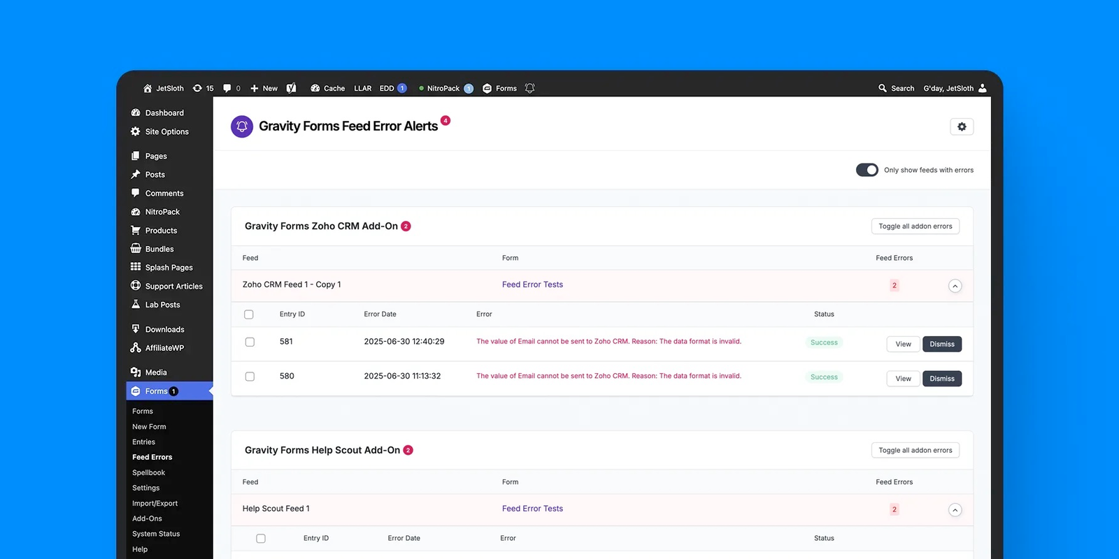 Gravity Forms Feed Error Alerts